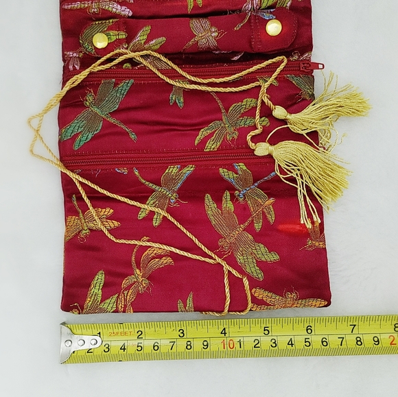 Red Brocade Jewelry Organizer Roll Bag Travel Jewel Pouch Woven Dragonfly Large - Picture 10 of 11